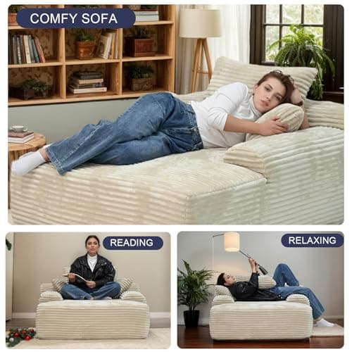 Oversized Boneless Chaise Lounge with 3 Pillows, 67" White Compression Sofa, Cloud Plush Couch