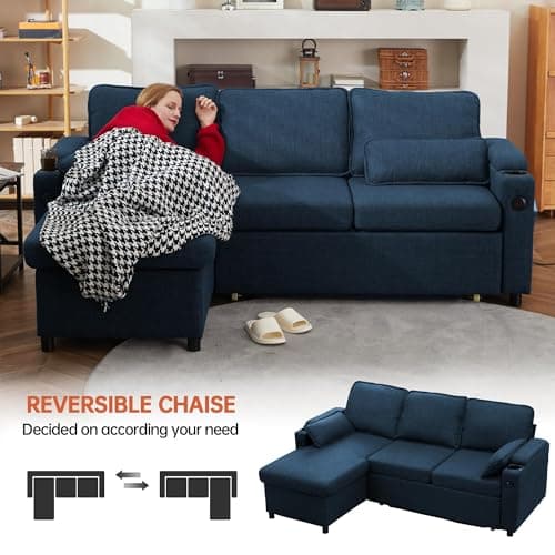 DURASPACE Blue Linen L-Shaped Sofa Bed with Storage (USB, Cup Holder)
