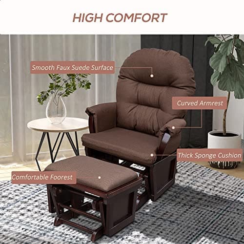 HOMCOM Brown Glider Rocking Chair with Ottoman and Thick Cushion