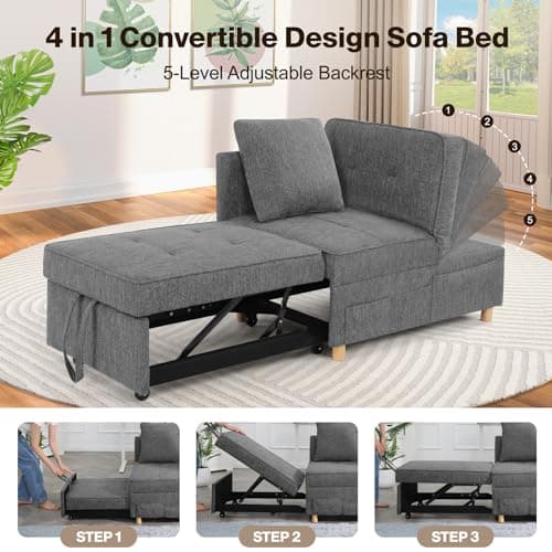 SEJOV 3-Seat Pull Out Couch Bed, 4-in-1 Convertible Sleeper Sofa, Dark Grey