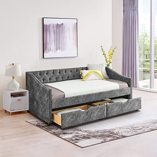 JEEOHEY Beige Button Tufted Full Size Upholstered Daybed with Drawers