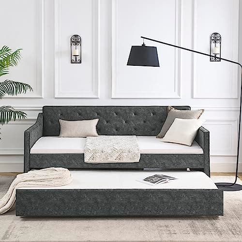 JEEOHEY Modern Tufted Velvet Daybed with Trundle, Twin Size, Grey