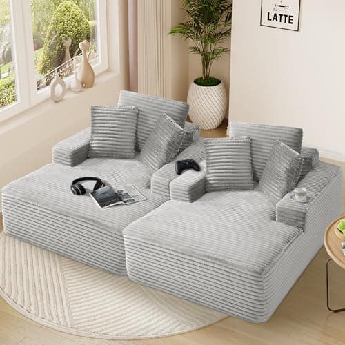 Oversized Green Faux Fur Chaise Lounge Chair with Thick Backrest & 3 Pillows