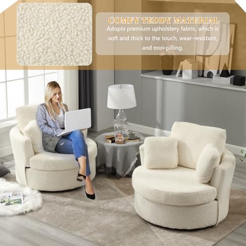 Oversized Ivory Swivel Arm Chair with 3 Pillows for Living Room, Bedroom, and Reading