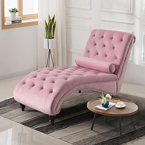 Pink Velvet Chaise Lounge Chair with Lumbar Pillow for Living Room or Bedroom