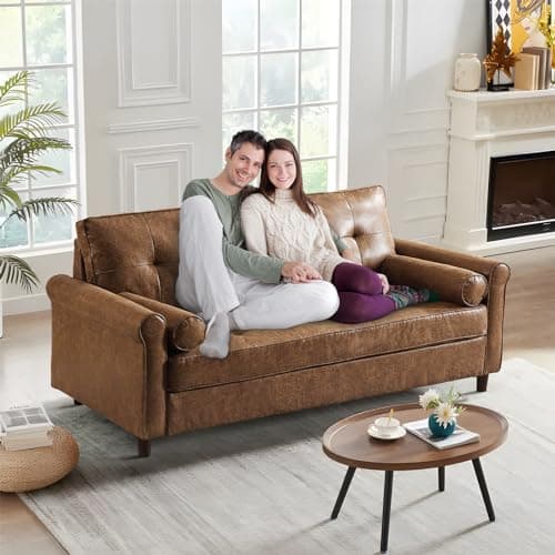 Small Mid-Century Modern Faux Leather Loveseat Sofa for Small Spaces, Living Room, Bedroom