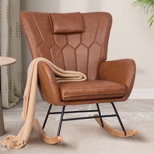 VECELO Thick Headrest Reading Glider Rocker with Side Pocket, White
