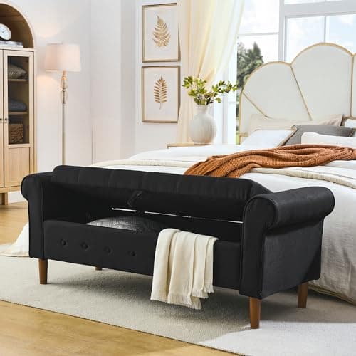 Button Tufted Storage Bench for Bedroom, Linen Fabric Upholstered Ottoman Bench (Dark Grey)