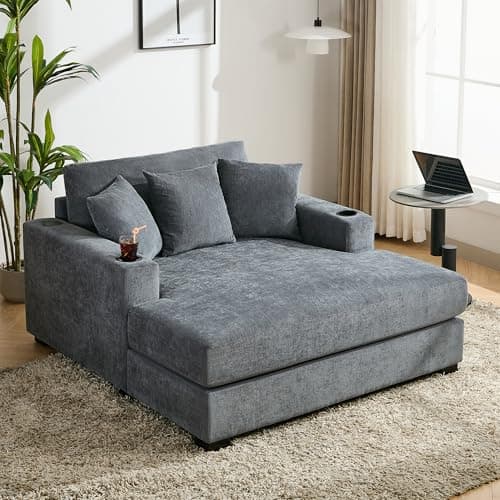 Blue-gray 55" Oversized Chaise Lounger with Chenille Fabric, Pillows, Charge Station & Cup Holders