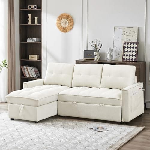 Convertible Sectional Sleeper Sofa Couch with Pull Out Bed,78" Tufted Chenille L Shaped Couch w/ Reversible Storage Chaise&USB/Type C Charge Port for Living Room,Office,Apartment(3-Seater,Beige)