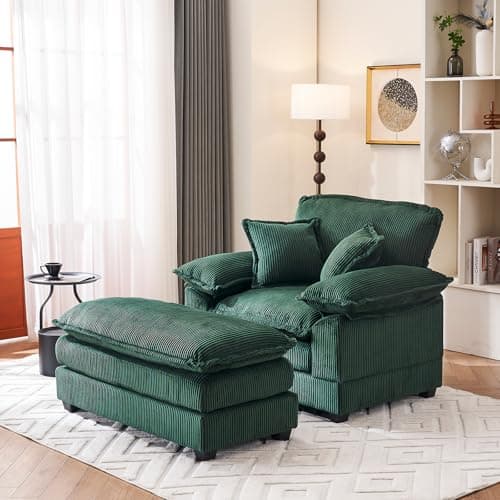 Oversized Cream White Corduroy Chaise Lounge Chair & Ottomans