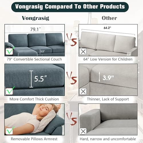 Vongrasig 79" L Shaped Gray Sectional Sofa with Removable Pillows Linen Fabric