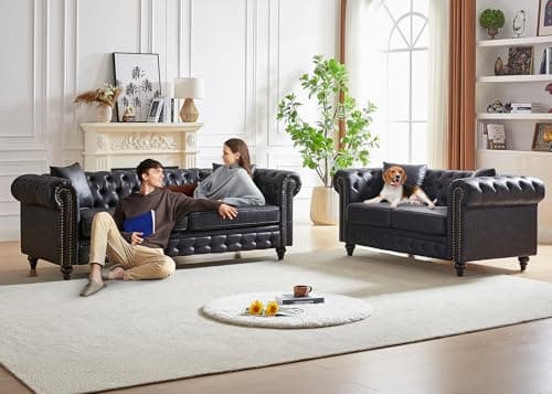 Mid Century Modern 2 Piece Sofa Set: Button Tufted Loveseat & 3 Seater, Nailhead Trim, Black