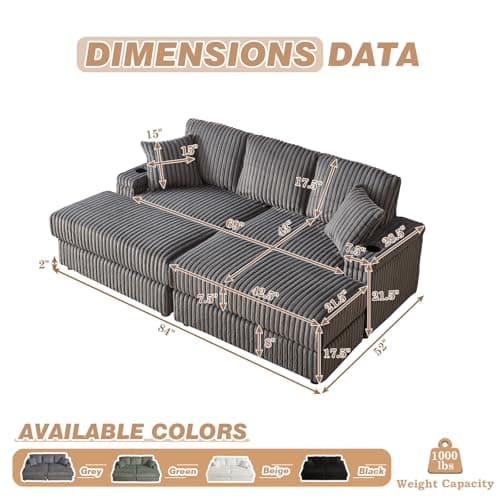 Grey 3 Seater Oversized Chaise Lounge with Storage & Cup Holders