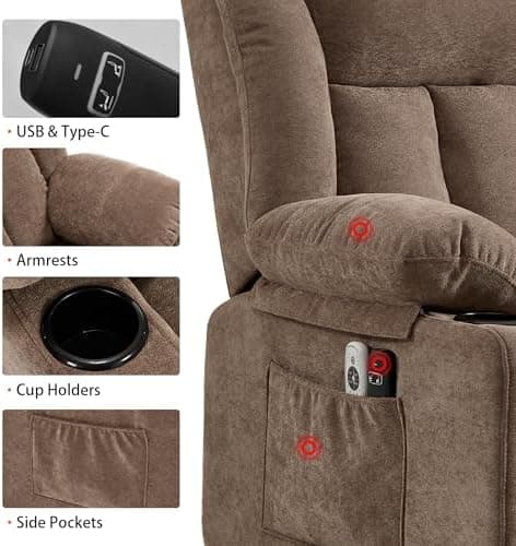 Power Lift Recliner Chair for Elderly with Massage and Heat, Reclining Sofa Chair with USB & Type-C Ports and Cup Holders, L1188(Brown)