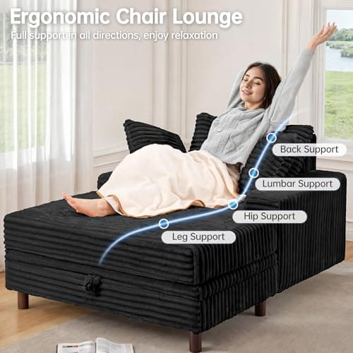 54" Multifunctional Black Upholstered Chaise Lounge with Storage Ottoman and Pillows