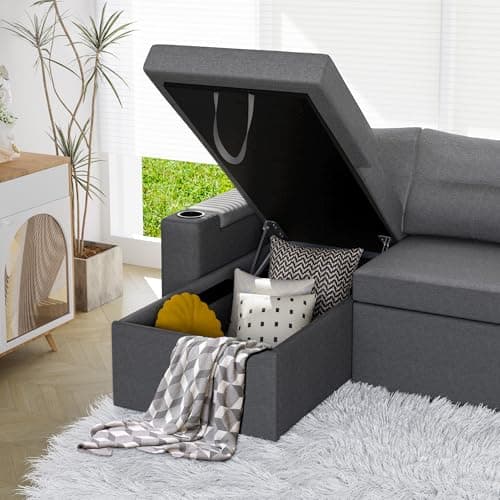 Pamapic Dark Gray L-Shaped Sleeper Sofa with Storage & Ergonomic Cushions