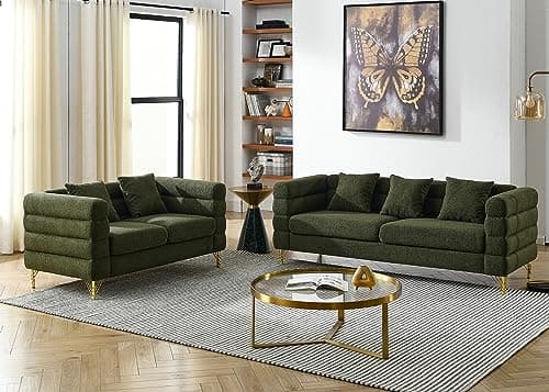 Teddy Bouclé 3 Seater & Loveseat Sofa Set, Green Gold Legs
