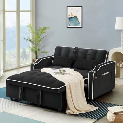 Modern Black Velvet 3-in-1 Sleeper Sofa Bed with USB Ports & Adjustable Backrest
