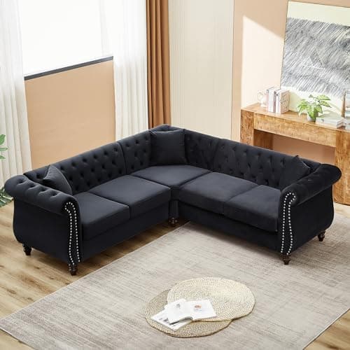 Mid Century Modern Velvet L-Shaped Sofa Couch - Black