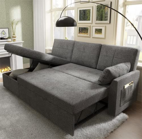 VanAcc 2-in-1 Sleeper Sofa Bed with Storage Chaise - Grey Linen Couch for Living Room