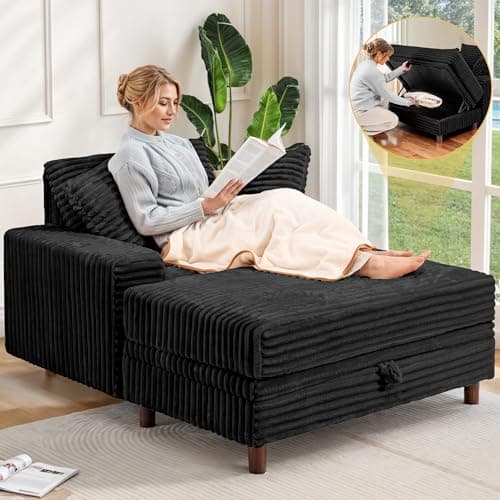 54" Multifunctional Black Upholstered Chaise Lounge with Storage Ottoman and Pillows