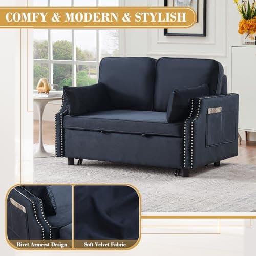 Convertible Sleeper Sofa Bed with Velvet Upholstery & Side Pocket.