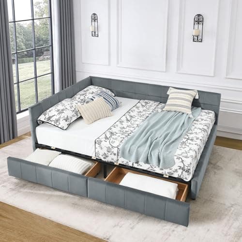 Tufted Velvet Queen Daybed with Storage, Wood L-Shaped Frame, Living Room Sofa Bed, Beige
