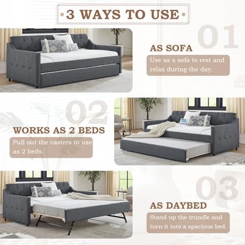 JEEOHEY Dark Grey Twin Day Bed with Pop Up Trundle & USB Port