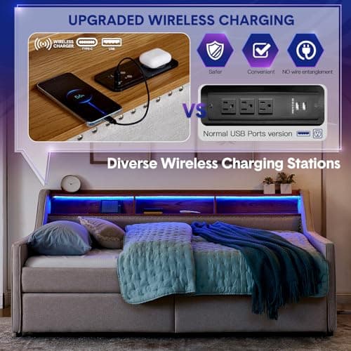 Modern Twin Size Daybed with Storage Drawers, Wireless Charger, and LED Light for Living Room or Apartment