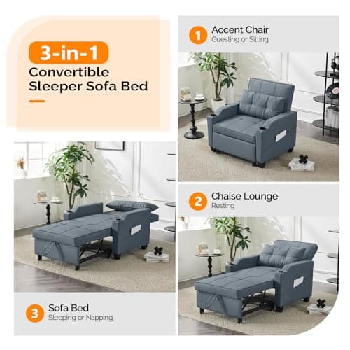 VINGLI 3-in-1 Convertible Sofa Bed Chair, Blue Gray Adjust Backrest USB Cup Holders