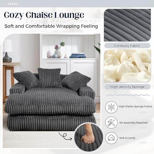 Oversized Grey Chaise Lounge Chair with Armrests & Throw Pillows - Modern Indoor Sofa for Living Room & Bedroom