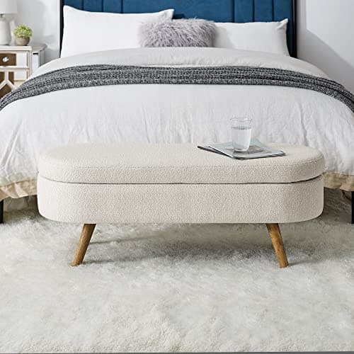 Storage Ottoman Bench End of Bed, 43 Oval Linen Fabric Bench for Living Room, Bedroom, Entryway