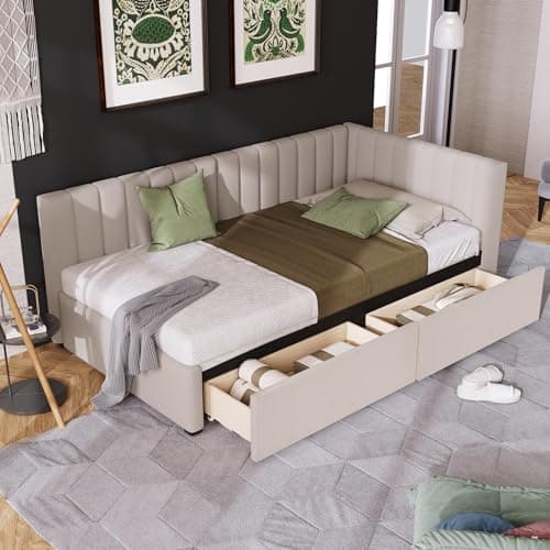 Harper & Bright Yellow Upholstered Daybed with Storage Drawers, Twin Size