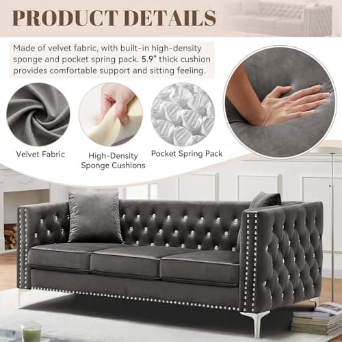 JEEOHEY Grey 3 Seater Chesterfield Sofa, Mid Century Modern Velvet Couch