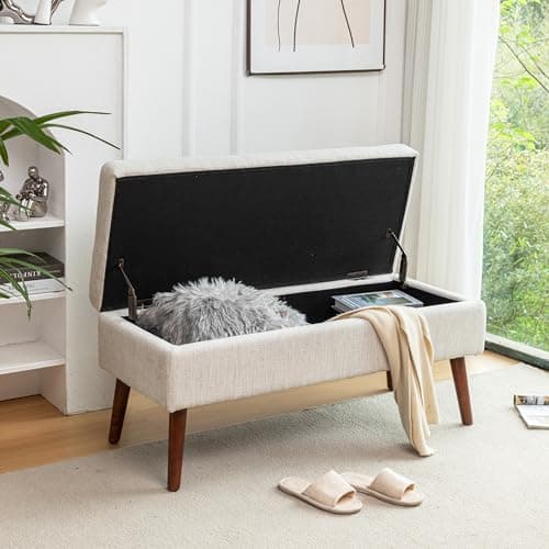 Beige Linen Tufted End of Bed Storage Bench with Solid Wood Legs