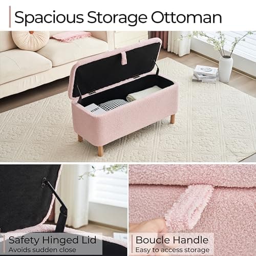 Pink Sherpa Upholstered Boucle Storage Ottoman for Bedroom Entryway