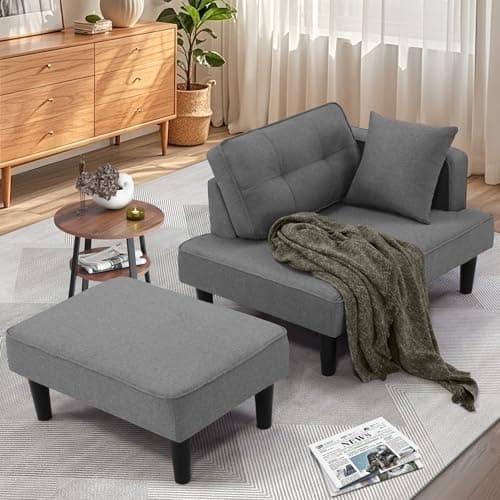 SEJOV Convertible Recliner Sofa Bed, Small Living Room Sectional with Chaise & 2 Pillows, Linen Blue