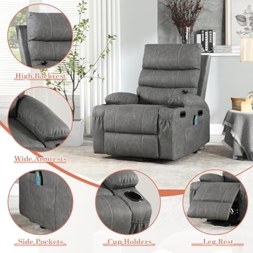 Electric Power Lift Recliner Chair for Elderly with Massage & Heat, PU Leather, Grey