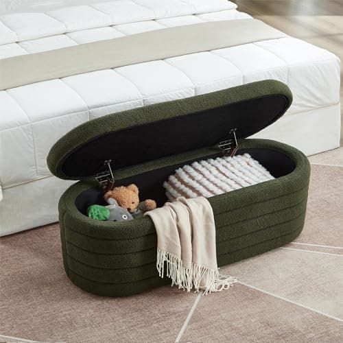 White Sherpa Padded Ottoman Bench with Storage for Living Room and Bedroom
