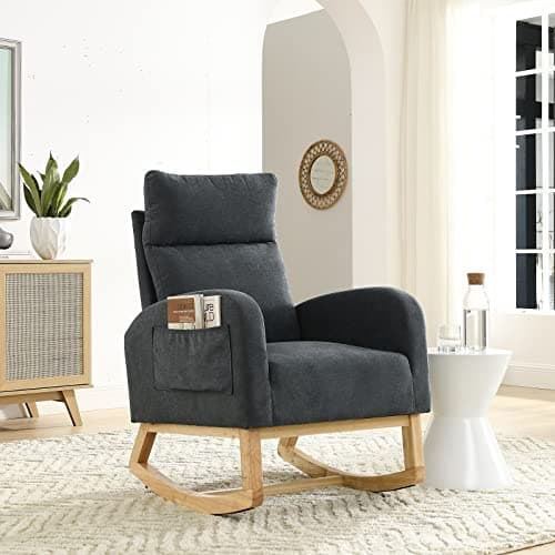 Modern White Fabric Upholstered Rocking Glider Chair with Side Pockets