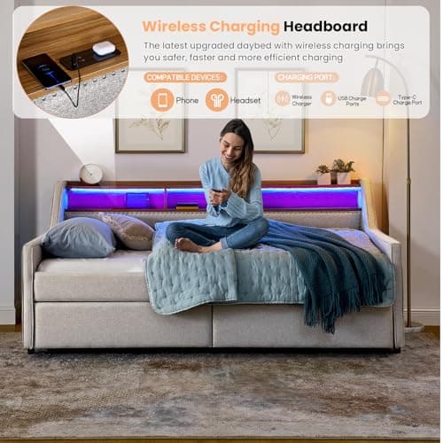 Antetek Beige Upholstered Daybed with Storage & USB Charging, Modern Living Room Sofa Bed