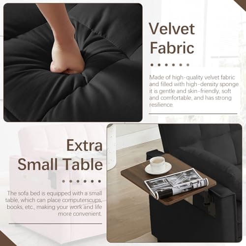 3 in 1 Sleeper Sofa Bed, Velvet Futon with Chaise Lounge & Reclining Backrest (Black)