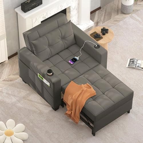 DURASPACE 3-in-1 Convertible Pull Out Sofa Bed with USB, Gray Faux Leather for Living Room