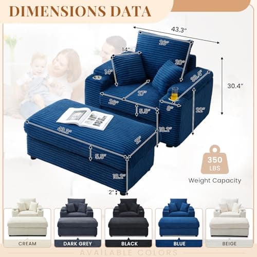 Cozy Blue Chaise Lounge Chair with Storage Ottoman & Cup Holders