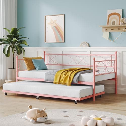 IDEALHOUSE Metal Twin Daybed with Trundle, Multifunctional Bed Frame