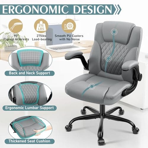 Gray PU Leather Office Chair with Ergonomic Back Support and Adjustable Armrests