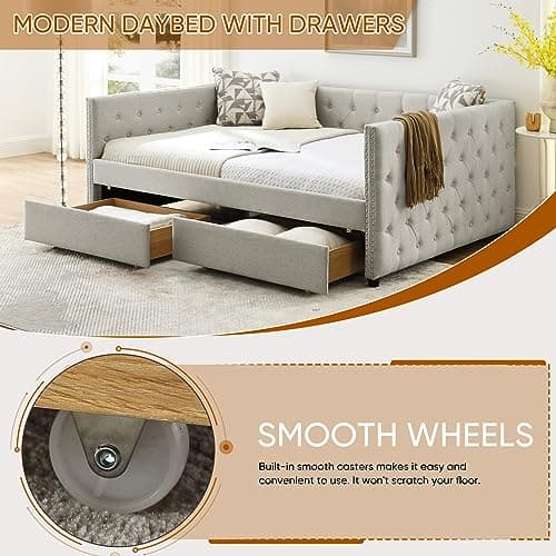 Twin Size Daybed with Storage Drawers, Linen Upholstered Sofa Bed Frame