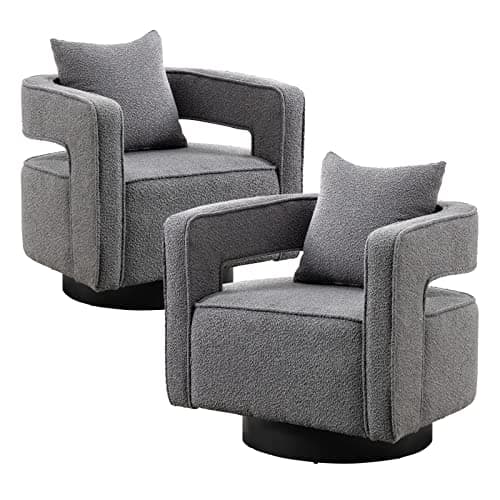 ODUWA Modern Round Boucle Swivel Chair Set of 2, Black Base, Living Room Nursery Comfortable