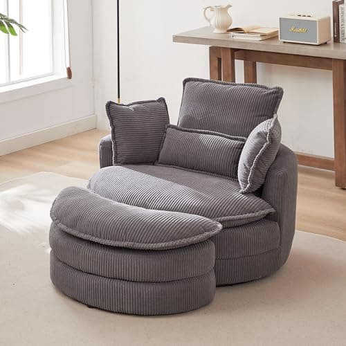 Oversized Grey Swivel Chair with Moon Ottoman & 4 Pillows